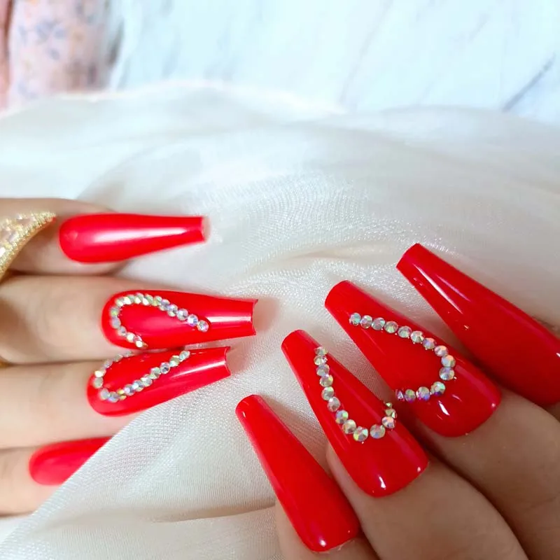 24pcs Internet celebrity style coffin fake nails red press on nails crystal diamond Festival party gifts