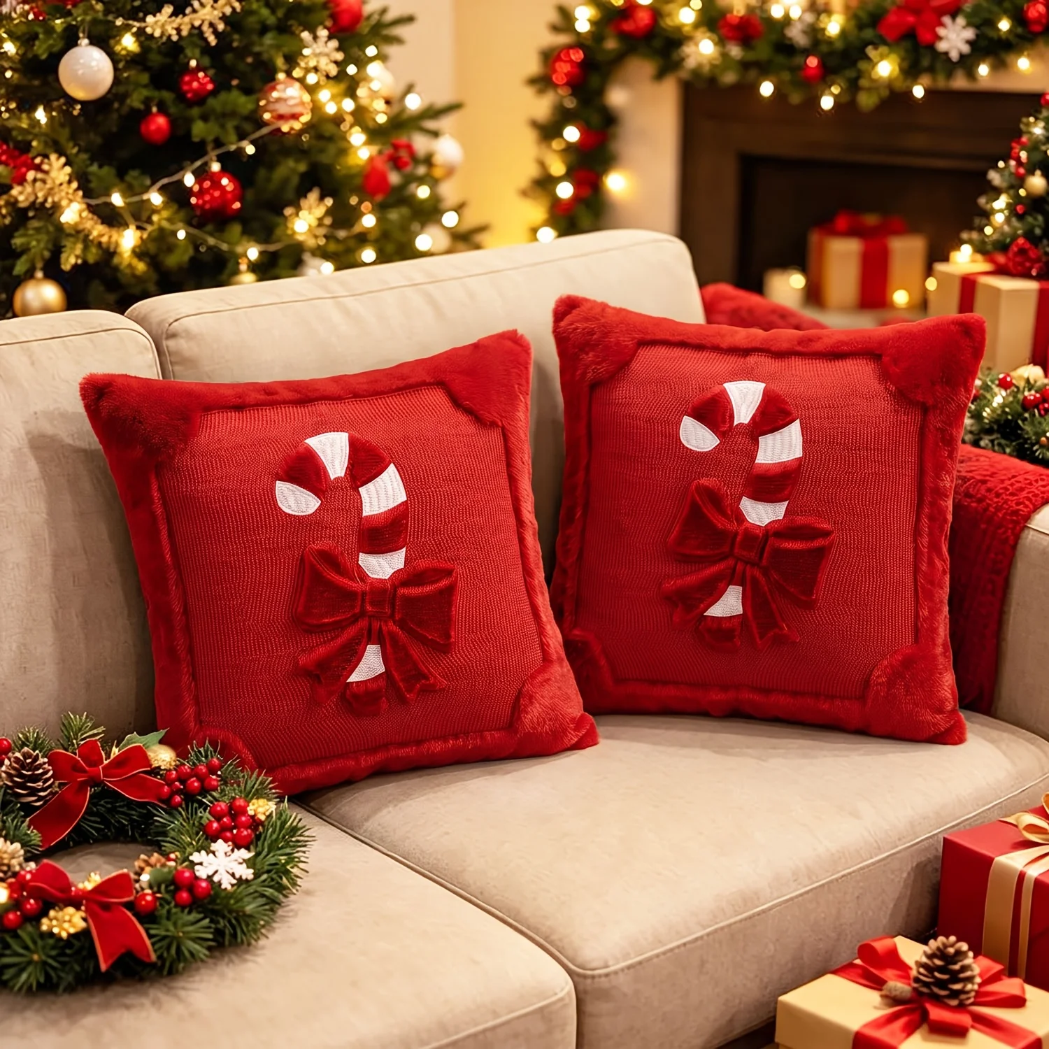2/1 Piece Christmas Candy Cane 2D Flat Pillowcase with Bow, Single-Sided Print, Pillowcase Only, Comfortable Winter Soft Plush Faux Fur Embroidered Red Striped Decorative Cushion Cover, 45.72X 45.72cm , Farmhouse Style Decorative Pillowcase, Suitable for Sofa Living Room, Christmas and New Year Gift, Does Not Include Filling