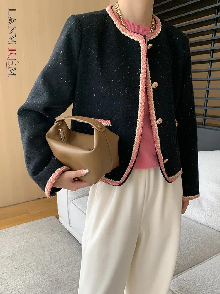 

[LANMREM] Contrast Color Tweed Coats For Women Round Neck Singlebreasted Office Lady Fit Jackets 2024 Autumn New 26D9932