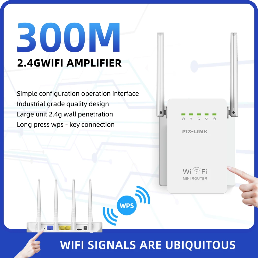 Pix-link Repeater WiFi nirkabel, Repeater Wifi ultra ringan, Amplifier Wifi, penolak jarak jauh, 300M, poin akses penguat Wi-Fi