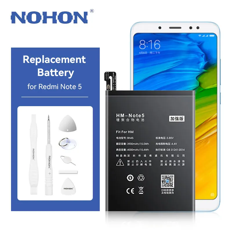 NOHON BN45 Battery Replacement for Redmi Note 5 4000mAh Battery Replacement for Xiaomi Redmi Note 5 Note5 Bateria with Tools