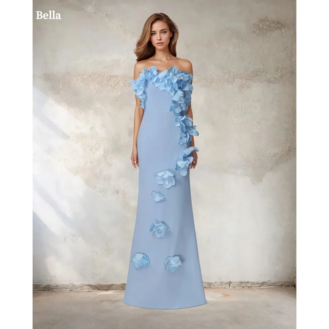 

Bella Customized Women Light Blue Off-Shoulder Prom Dress 3D Flower Embellished Slim Mermaid Maxi Party Dresses robes de soirée