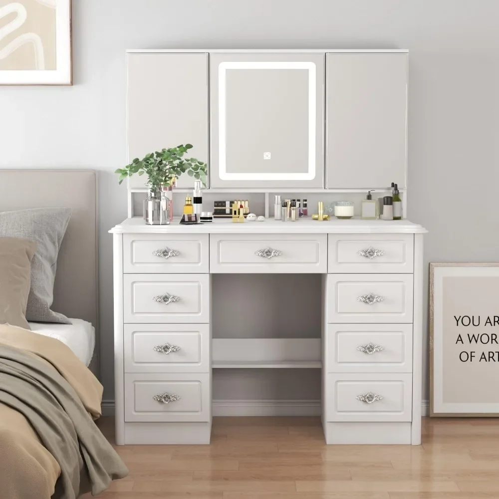 Large Vanity Desk with Open Mirror and Lights, Makeup Desk with Drawers and Shelves, 43.3”W x 18.1”D x 54.1”H dresser