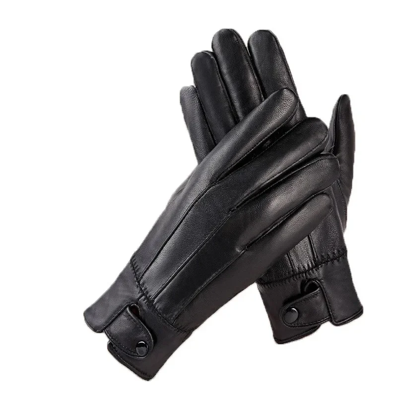 Unisex Genuine Leather Gloves Autumn and Winter Sheepskin Combination Leather Warm and Velvet Fashion Business Gloves