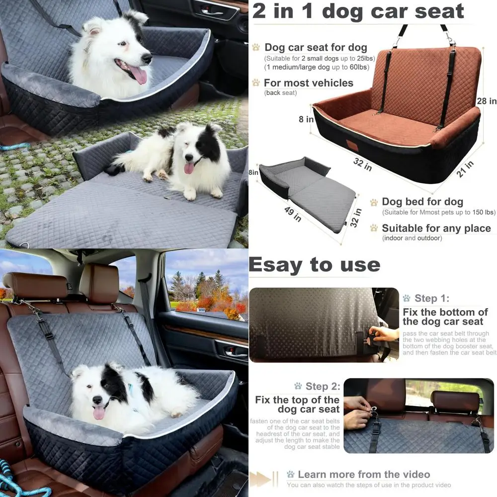 مقعد وسرير سيارة للحيوانات الأليفة قابل للتحويل لكلاب صغيرة أو واحدة متوسطة/كبيرة تصل إلى 60 رطل، داخلية قابلة للغسل والفصل