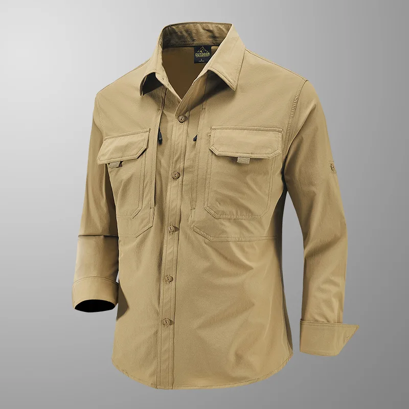 2026 Spring and Autumn Quick-Drying Elastic Outdoor Tooling Shirt Men's Multi-Pocket Jacket Long Sleeve Shirt