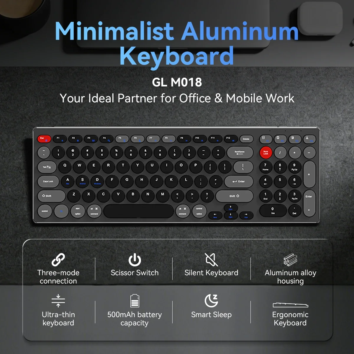 

Клавиатура GULIAN KB-M018 из алюминиевого сплава, ультратонкая, трехрежимная, с ножничным механизмом переключения клавиш, комфортная для письма.