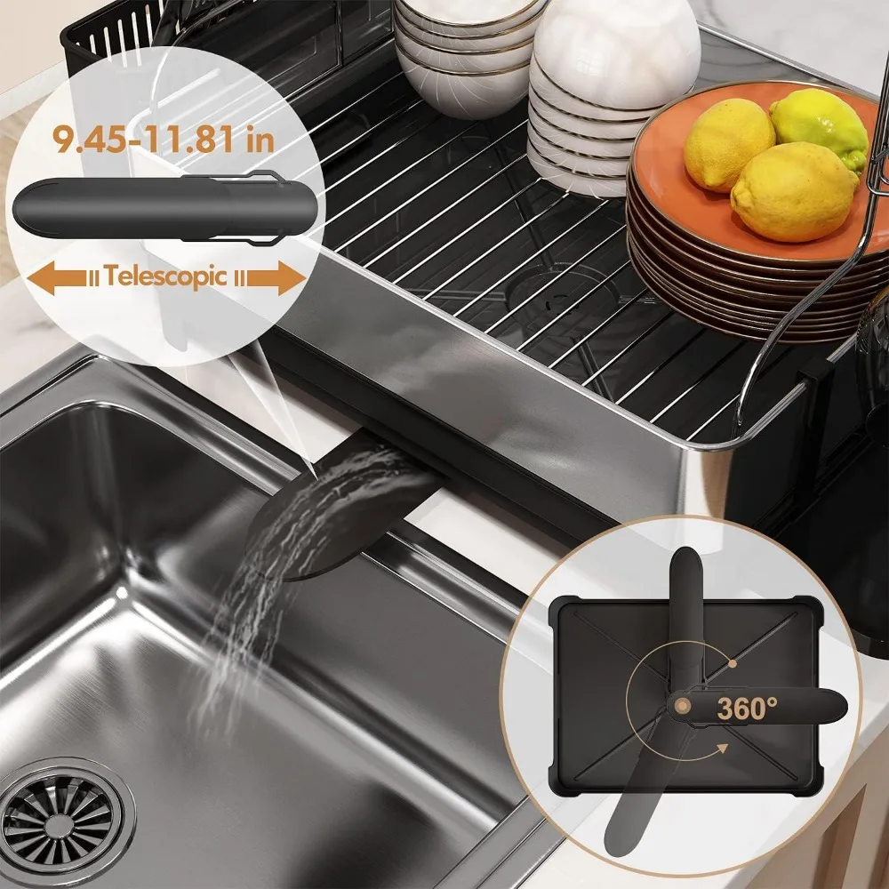 Romision Dish Rack and Drainboard Set, 304 Stainless Steel 2 Tier Large Dish Drying Rack with Swivel Spout