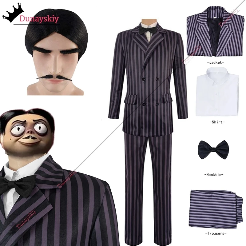 Gomez Addams Cosplay Costume Outfits Wednesday Dad Costume Man Adult Plaid Suit Pants Shirt Full Set DIY Halloween Clothing