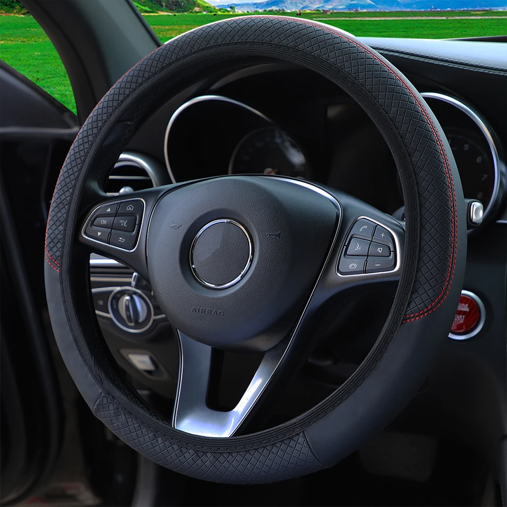 A PU leather plaid emboweled ultra-thin stretch car steering wheel cover without inner rim fits 14.5- to 15-inch car interiors