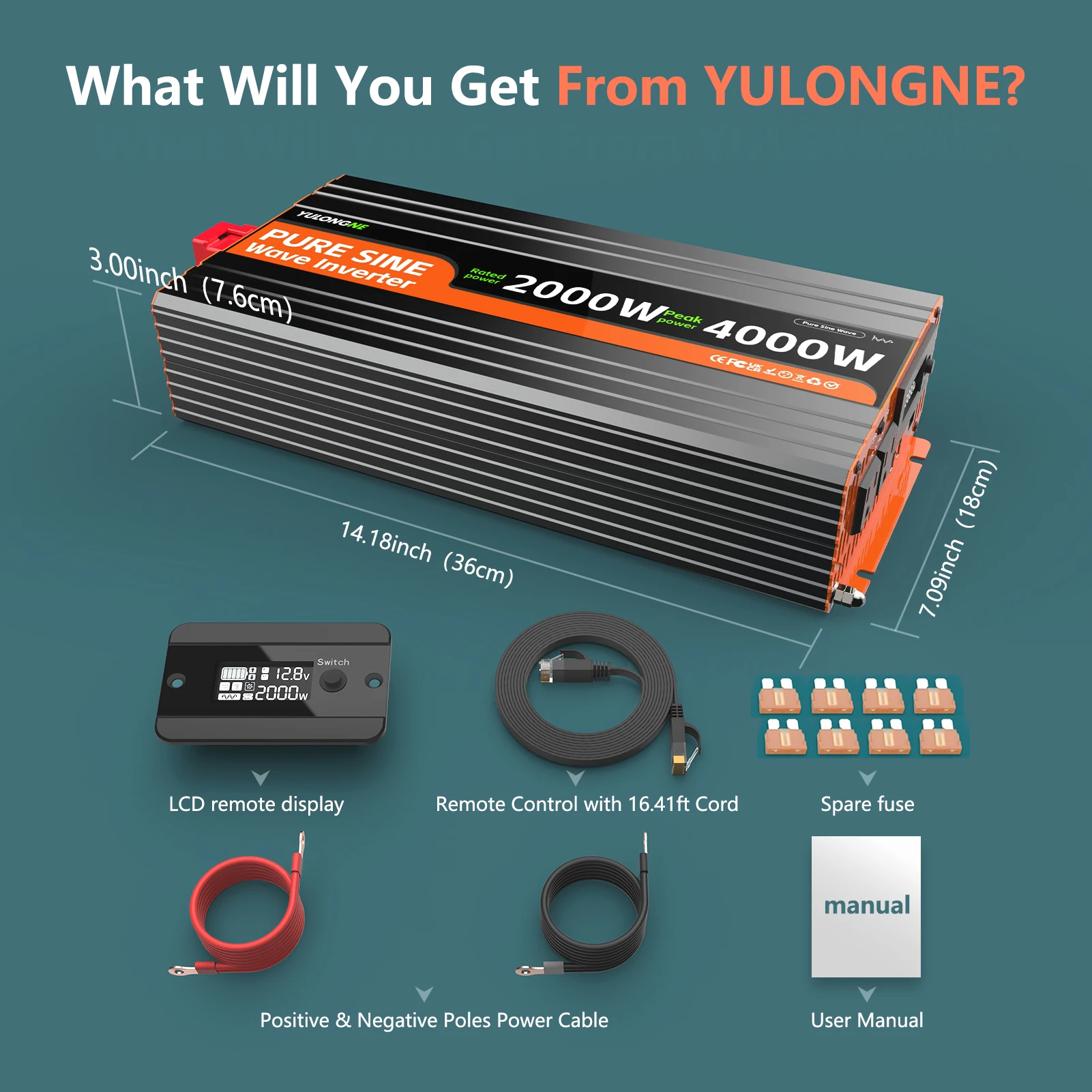 YULONGNE 2000W Pure Sine Wave Car Power Inverter, Peak 4000W DC 12V to 110V AC Converter, LCD Display & Wired Remote Control, 2 US AC Outlets USB‑C Ports for RV, Solar Off‑Grid System, Home Power Failure Backup