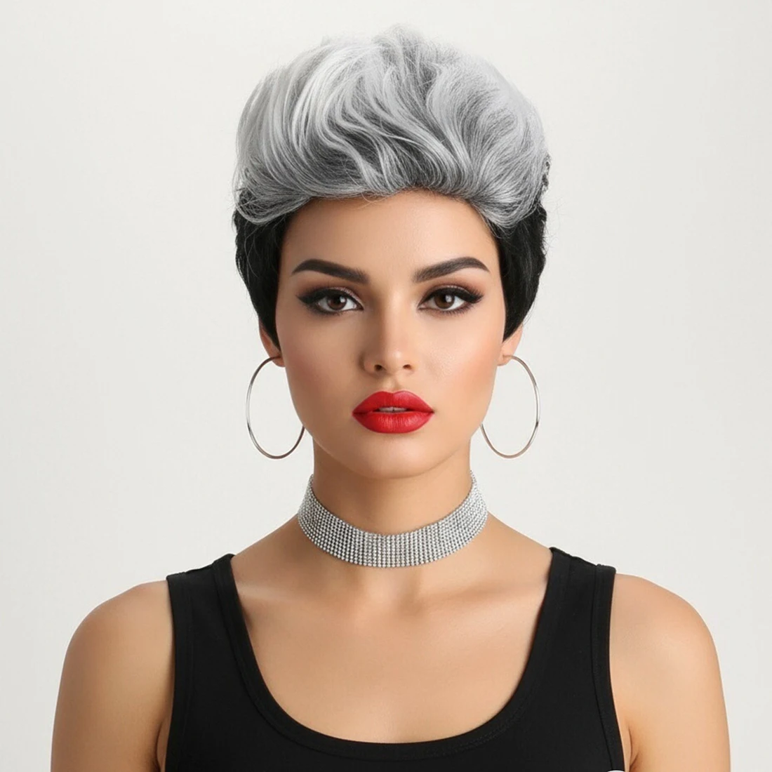 

Women Short Straight White Gradient Black Synthetic Wig Heat Resistant Daily Party Cosplay Costume Pixie Cut Fake Hair