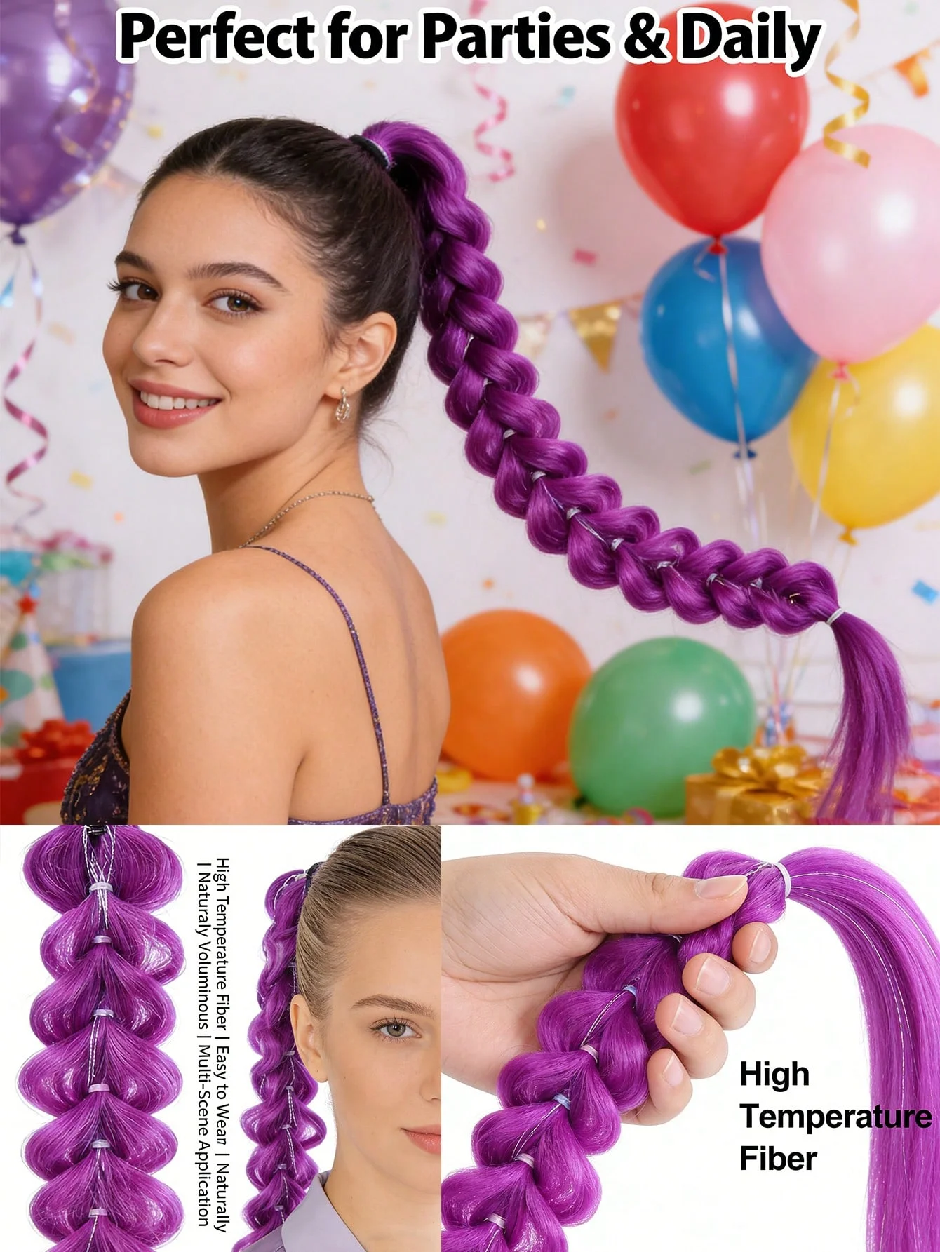 32inch Braided Purple Hair Ponytail with Tinsel Hair Wig Super Extensions Shiny Synthetic Tinsel Hair for  Christmas CosplayHair