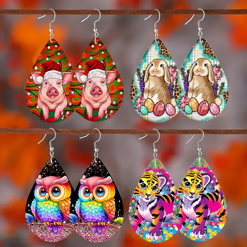 Lovely Animal Design Teardrop Earrings Rabbit Pig Owl Tiger Print Colorful Wooden Drop Ear Dangle Jewelry Girls Christmas Gifts