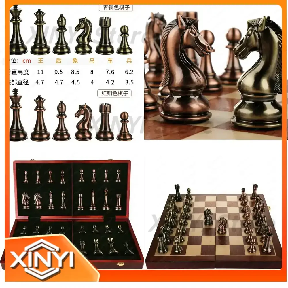 45CM Luxuriöses Metall-Schachfiguren-Set mit Holzschachbrett für Profis, Faltbares Familien-Klassisches Brettspiel, Schach-Heimdekoration