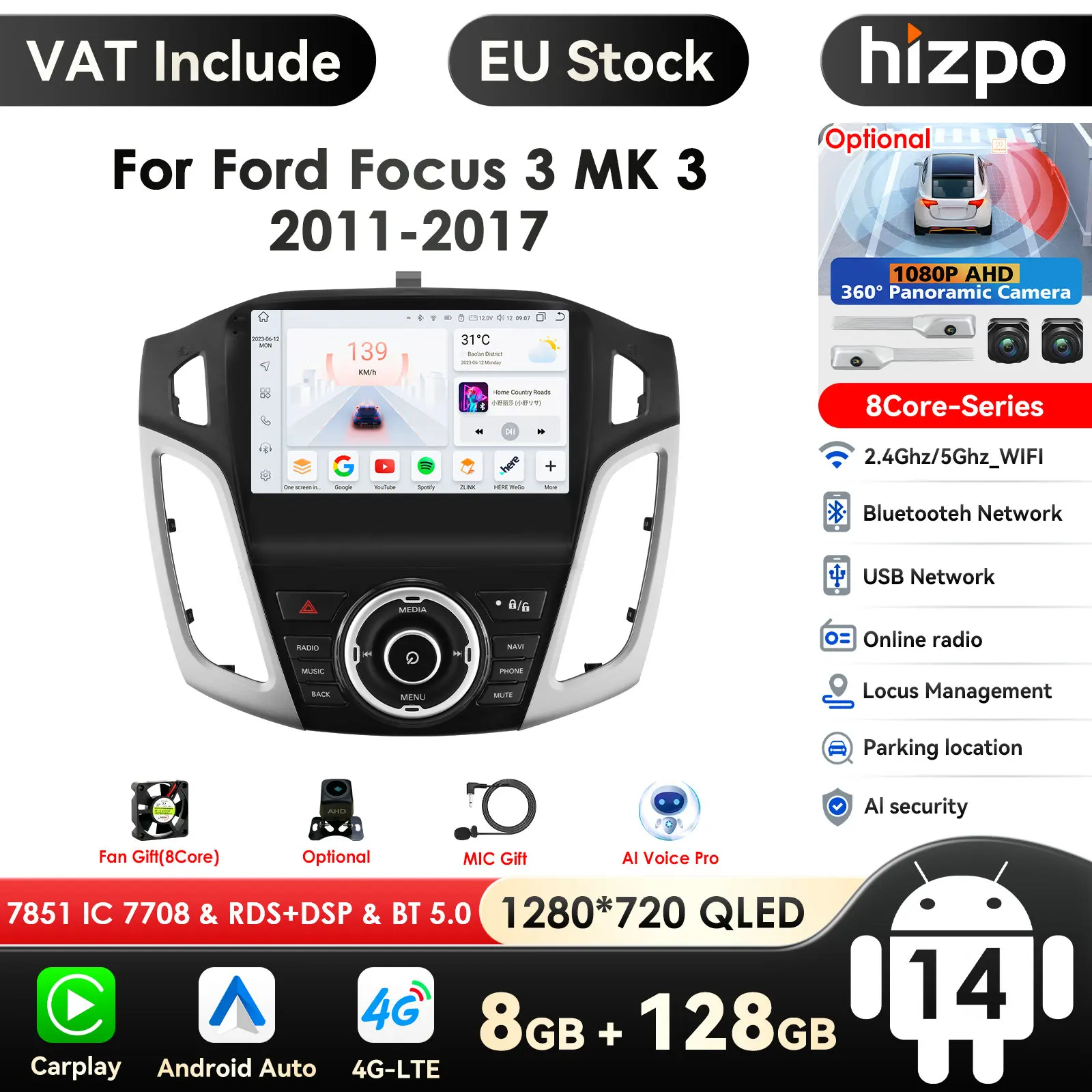 9-calowy samochodowy odtwarzacz nawigacyjny GPS z systemem Android 14 do Ford Focus 3 Mk 3 2011 2012 2013-2015 Auto Multimedia Radio Video 2Din Head Unit