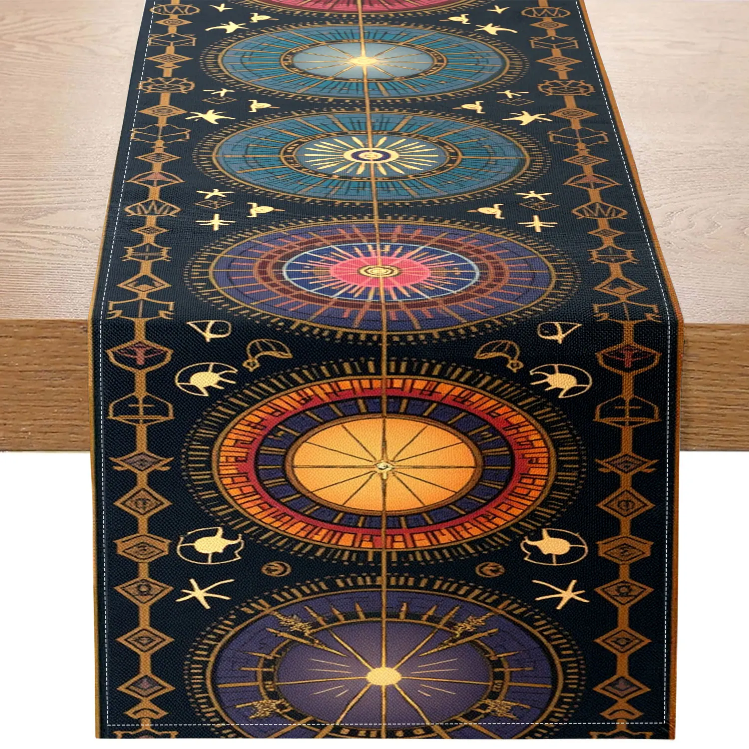 1 Piece of Mysterious Astrolabe-Themed Table Runner, with a Dark Blue Background Adorned with Colorful Circular Star Charts and Gold Patterns, Suitable for Astrology Studios, Fantasy-Themed Restaurants, Art Exhibitions, Board Game Gatherings, Folk Cultural Events, Creative Home Decor, Unique Gifts, and Meditation Space Settings