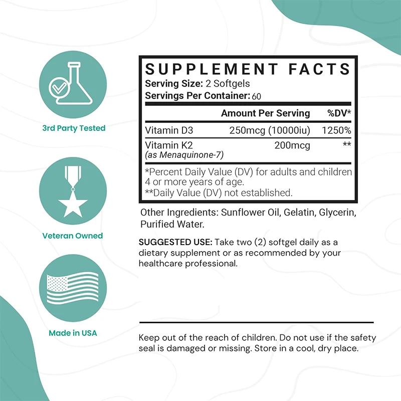 D3+K2 Vitamin 10000 IU, Bone and Heart Health Supplement, Maximum Strength Supports Calcium Absorption -60 Soft Capsules