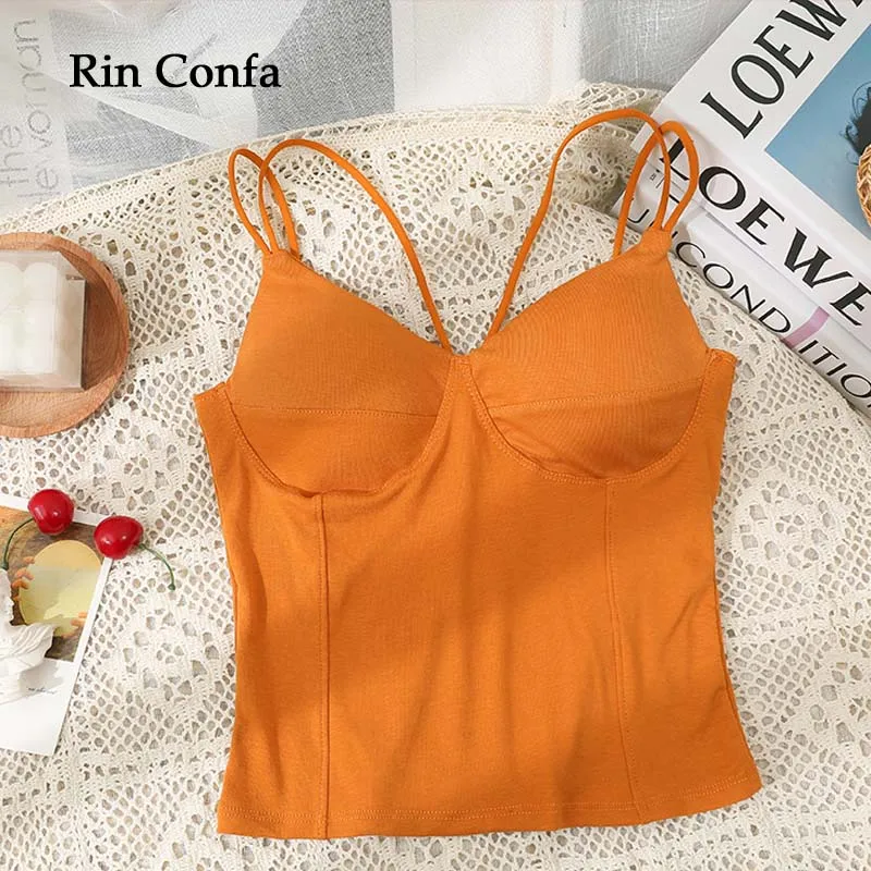 

Rin Confa New Women Summer Tanks Korean Version Beautiful Straps Chest Pads Slim Suspenders Fashionable Solid Color Short Vest