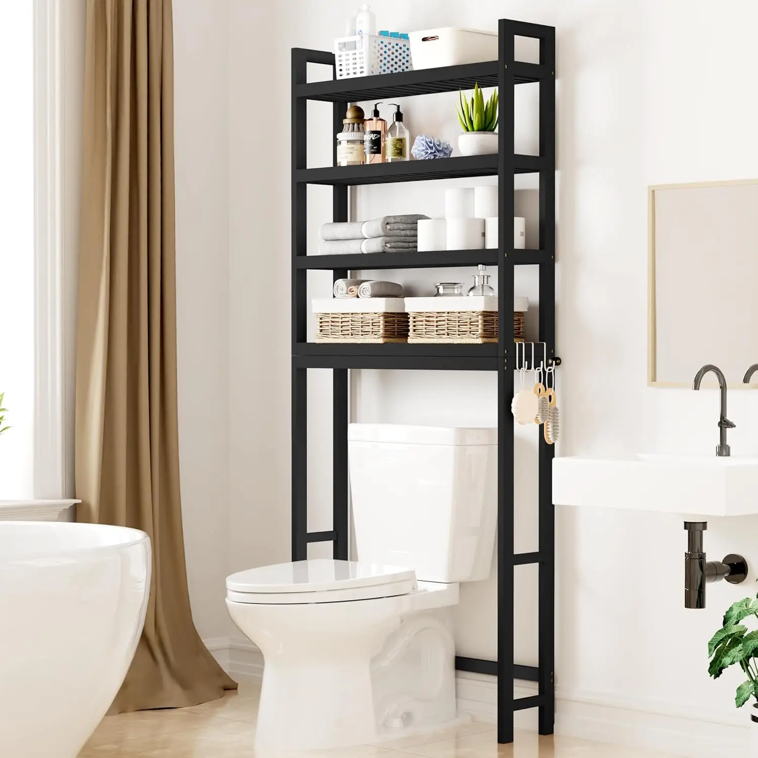 Smiry Over The Toilet Storage Cabinet, 4-Tier Bamboo Bathroom Organizers with Adjustable Shelf & 4 Hooks, Space Saving Shelf Rac