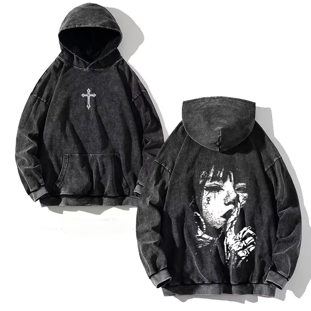 Y2K Washed Hoodies Vintage Cotton Women Men Skull Cross Print Hooded Sweatshirts Oversize Hip Hop Male Pullover Winter Clothes image 3