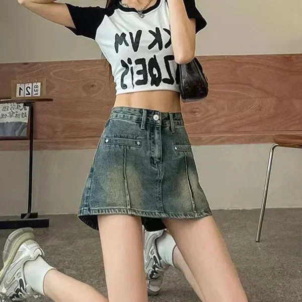 Minifalda acampanada ajustada de color azul Retro para mujer, faldas cortas versátiles a la moda, holgadas, de cintura alta, de algodón fino, para verano