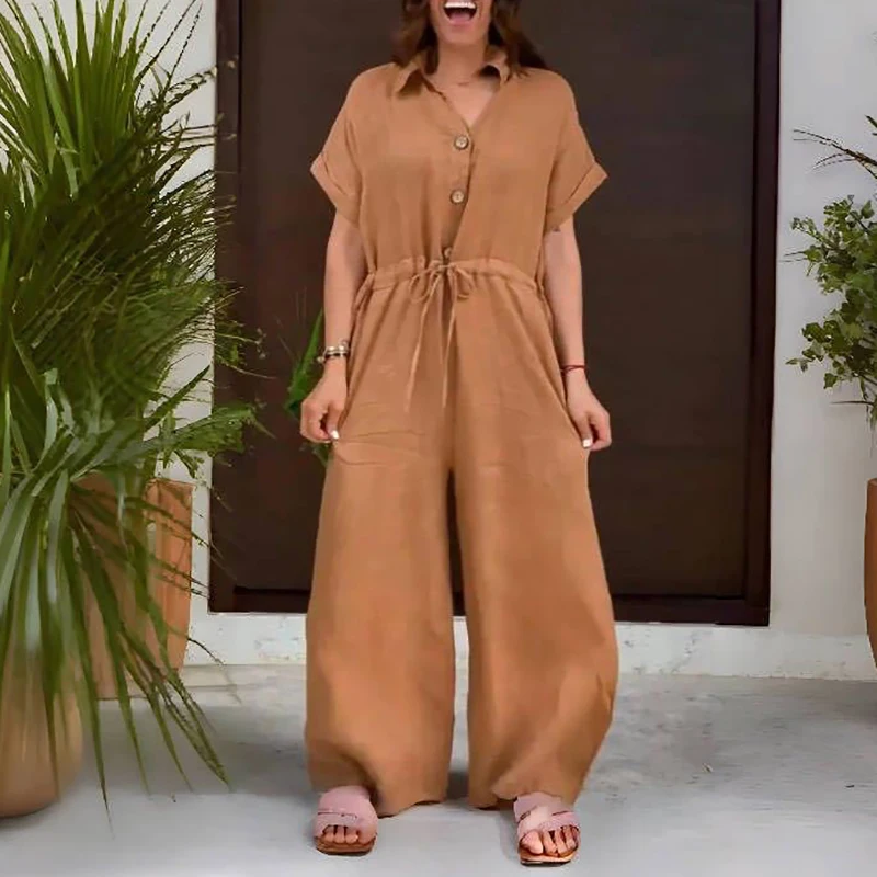 Spring Casual V-neck Solid Color Jumpsuit Women Fashion Cross-pants Pockets Playsuit Rompers Summer Short Sleeve Loose Overalls