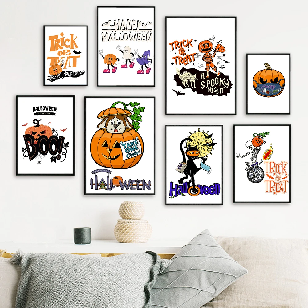 

Pumpkin Spirit Halloween Wall Art Canvas Painting Vintage Cartoon Skeleton Cute Dog Poster and Print Kid Play Room Home Decor