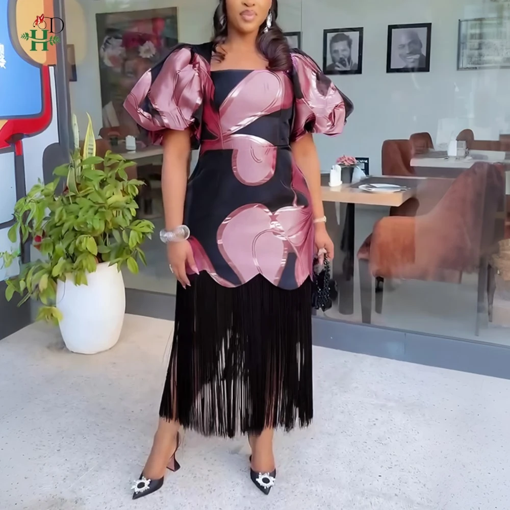 

2026 Fashion African dresses for woman Turkey dress Tassel Hem Printed Dress African clothing wedding Party Bubu Africain femme