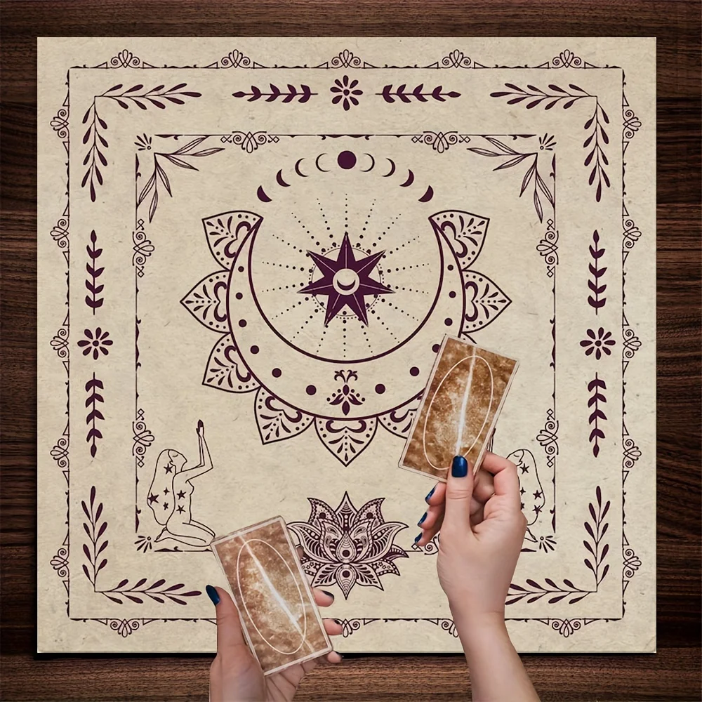 VIKEMA Dark Night Divination Waterproof Tablecloth Gold Moon Starburst Branches And Leaves Metaphysical Bohemian Style