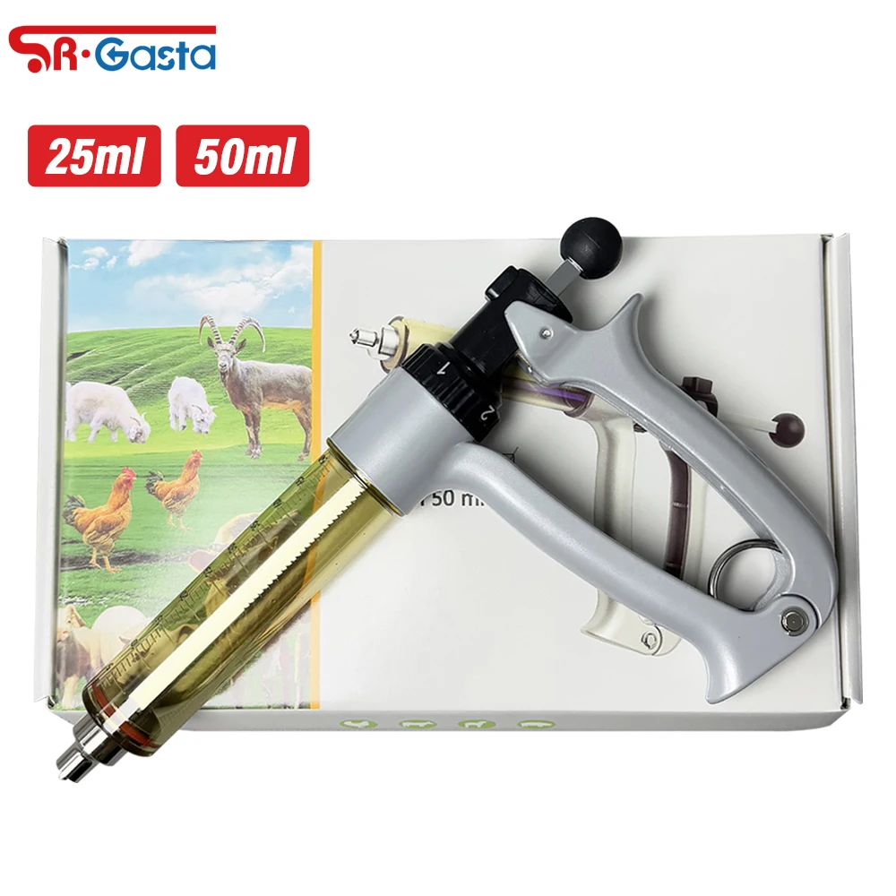 1 peça 25/50ml injetor de vacina ajustável prateado semiautomático alimentador de medicina de injeção animal equipamento veterinário