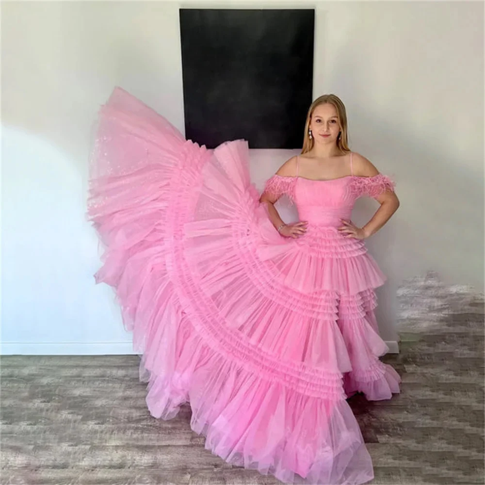 KSDN-vestido de espaguete rosa com penas para mulheres até o chão, vestido de baile de luxo até o chão, trem varredor, em camadas