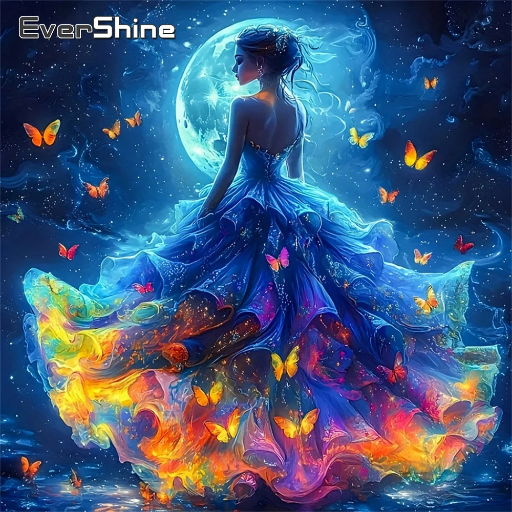 

Алмазная вышивка Evershine: Портрет девушки, мозаика из страз, картина с бабочками и луной, ручная работа, подарок