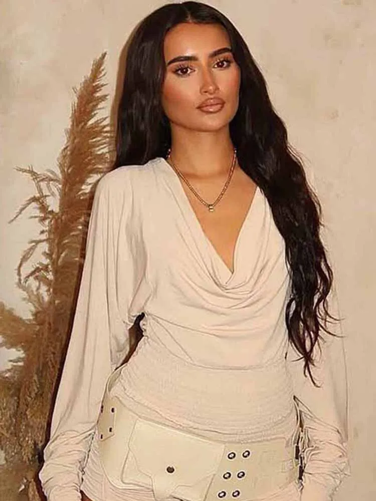 

BKQU Casual Swing Collar T-Shirt for Women Long Sleeve Bandage Sexy Solid Backless Crop Tops 2025 Autumn Elegant Streetwear Tees