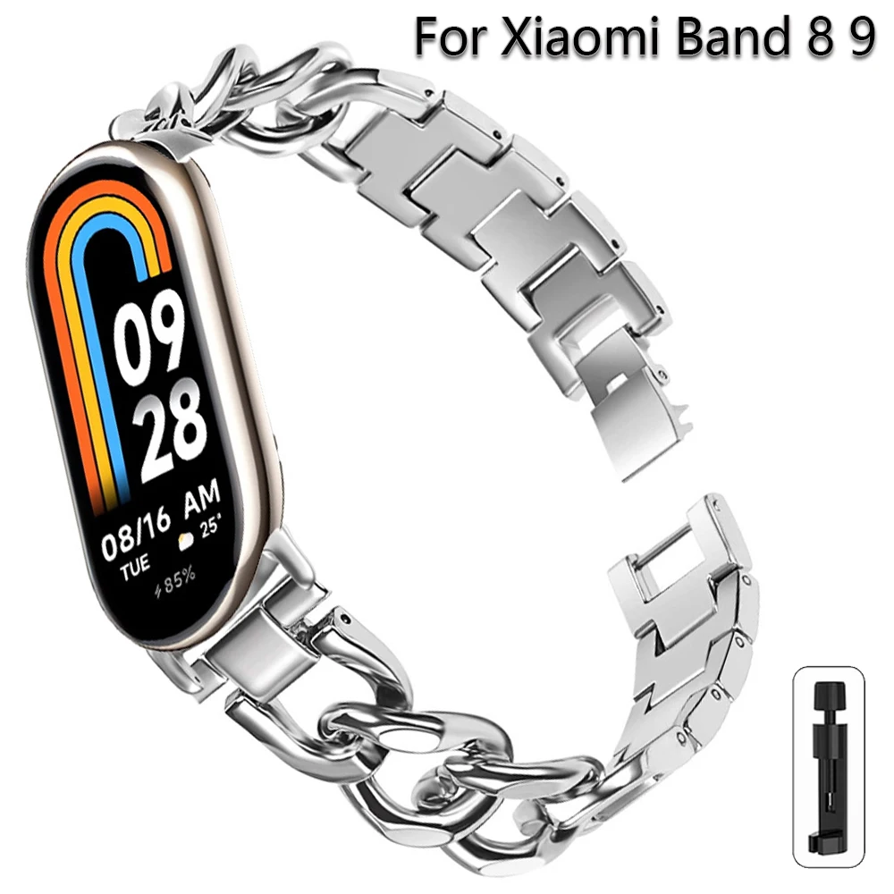 

Тонкий ремешок из нержавеющей стали для Xiaomi Band 9 Mi 9, металлический браслет, кубинский ремешок для Xiaomi band 8, браслет для умных часов