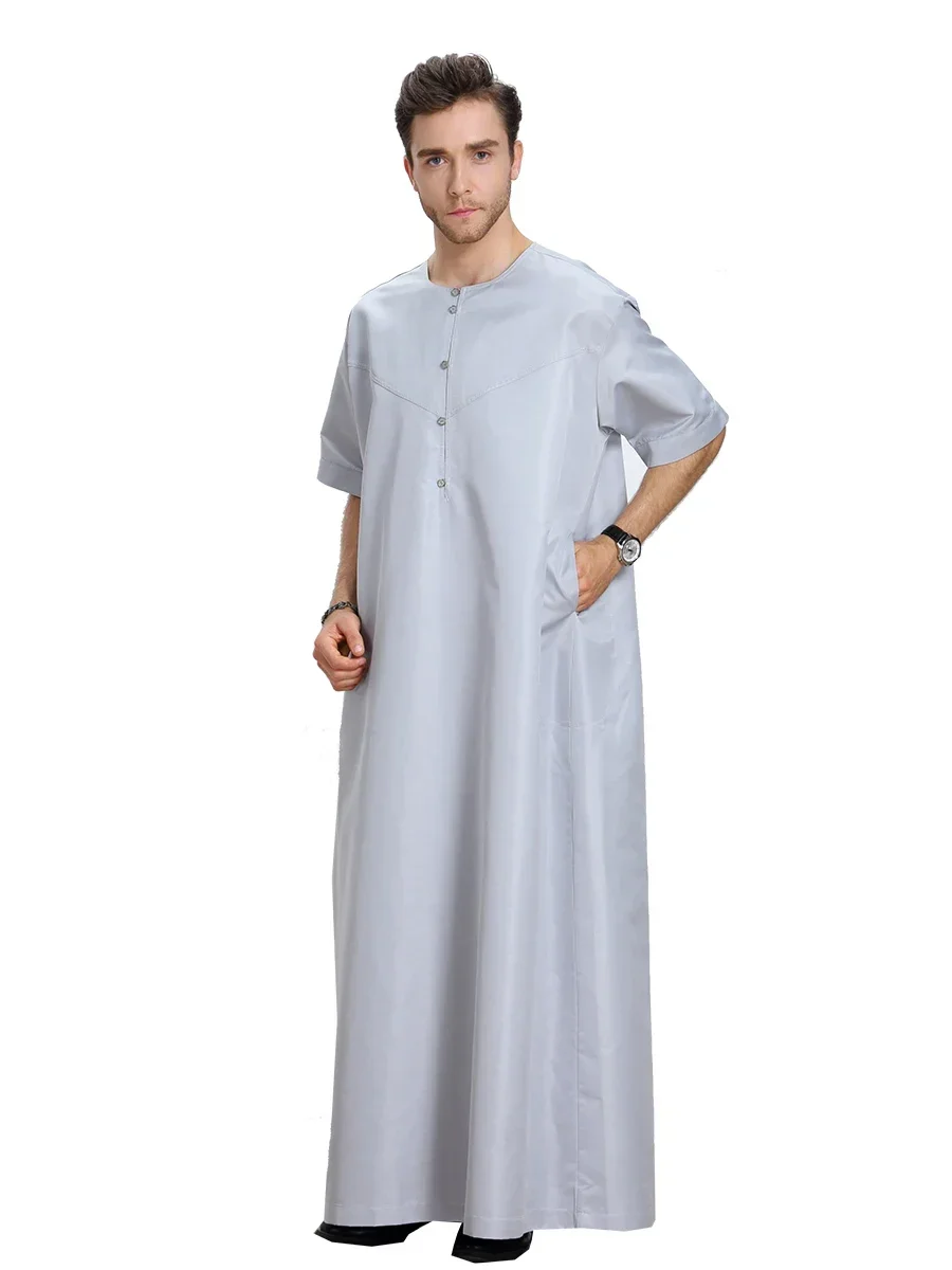 Estate Uomo Musulmano Manica Corta Veste Jubba Thobe Abbigliamento Islamico Arabo Saudita Thoub Eid Ramadan Abaya Caftano Medio Oriente Abito