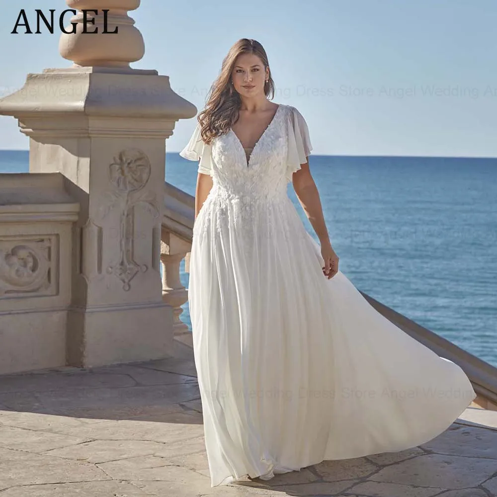 

ANGEL Modern Customized Plus Size Wedding Dress for Bride Lace Up A-Line V-Neck Chiffon Applqiues Bridal Gowns Vestidos De Noiva