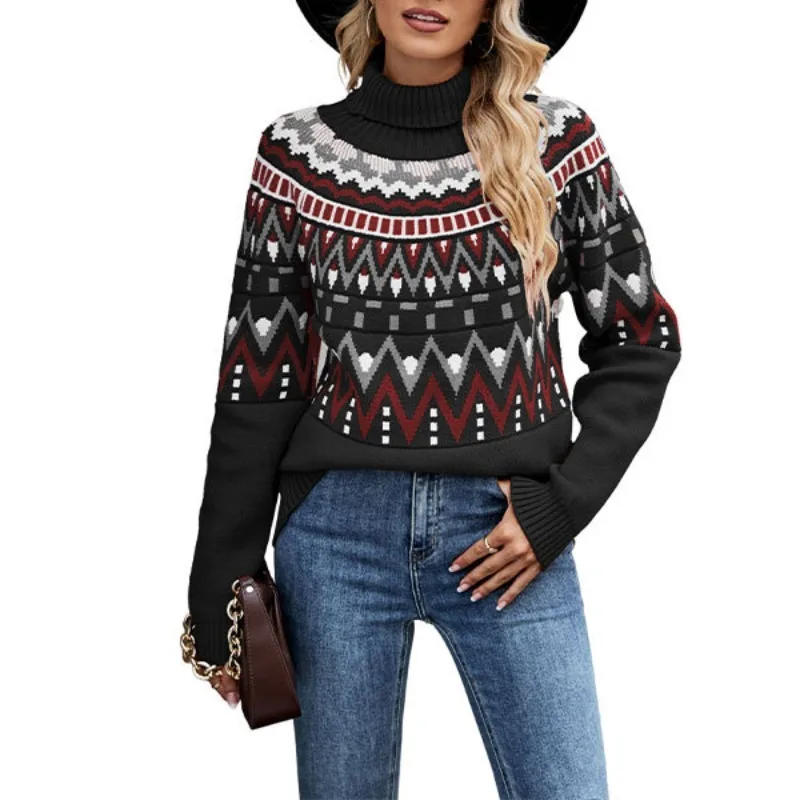 Women's High Neck Striped Patchwork Contrast Knitted Shirt Winter New Halloween Woman Vintage Sweater