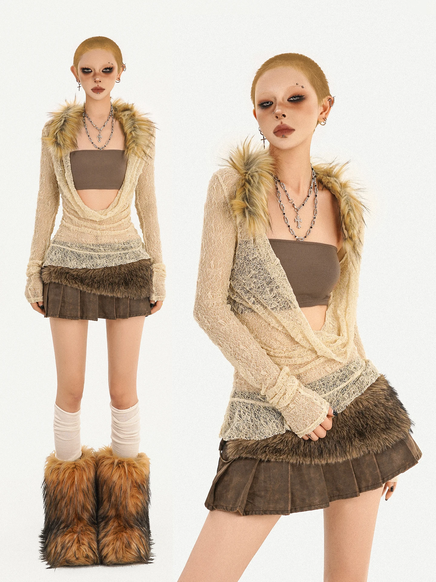 

Nico Molly Lace Trim Knitted Sweater Two-Piece Set Women's Slim Fit See tough Long Sve Street Sle Faion Spring Colle...