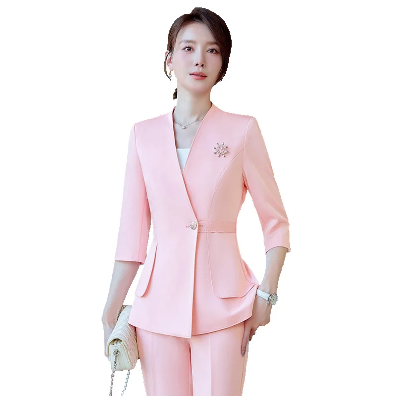 

Pink Suits Women Fashion New 2024 Spring Temperament Porfessional Slim Three Quarter Blazer And Pants Office Ladies Work Wear