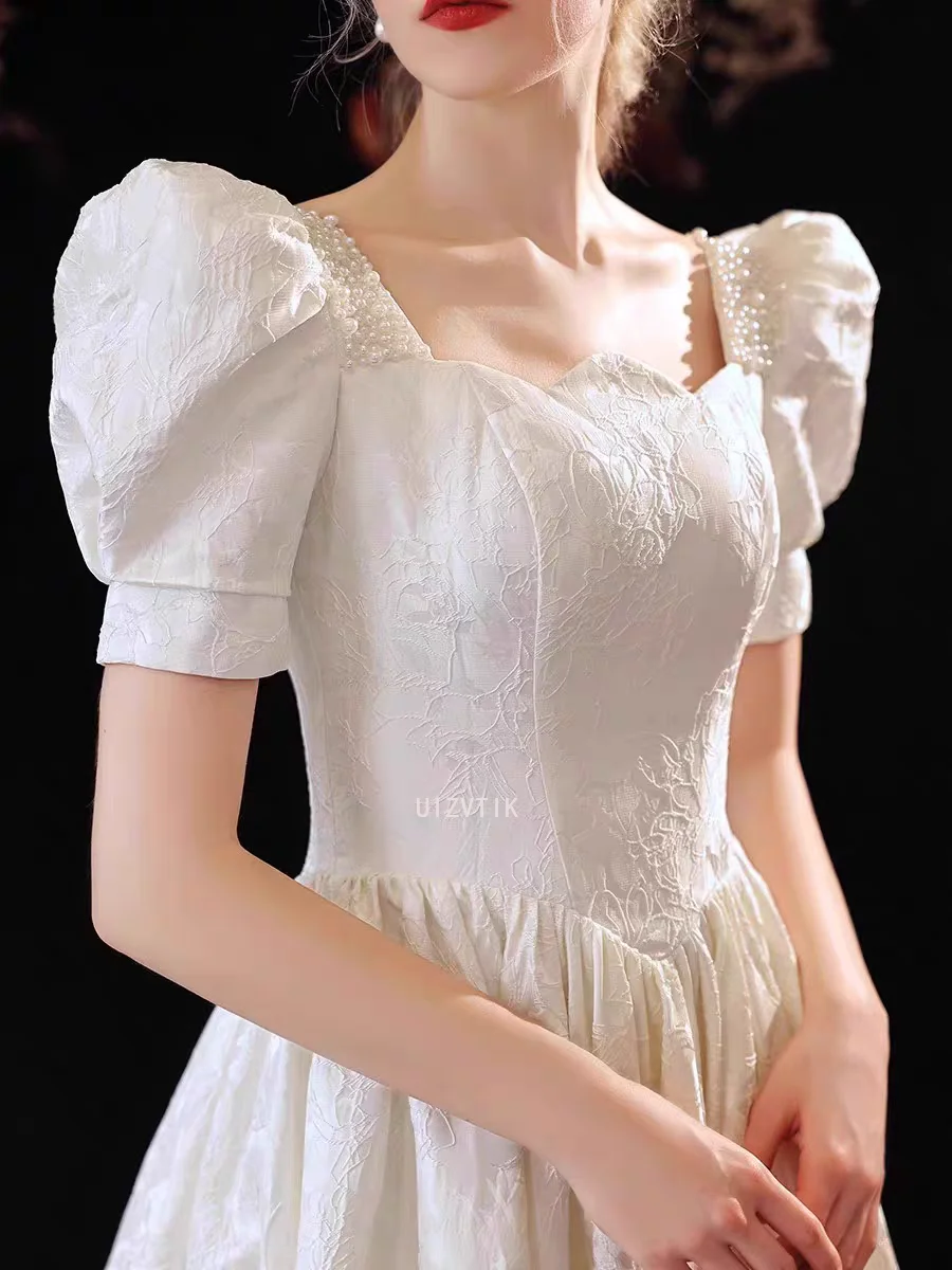 Simple White Wedding Long Dresses Women Vintage Puff Sleeve Beading A-Line Banquet Evening Party Dress Elegant Women Prom Gowns