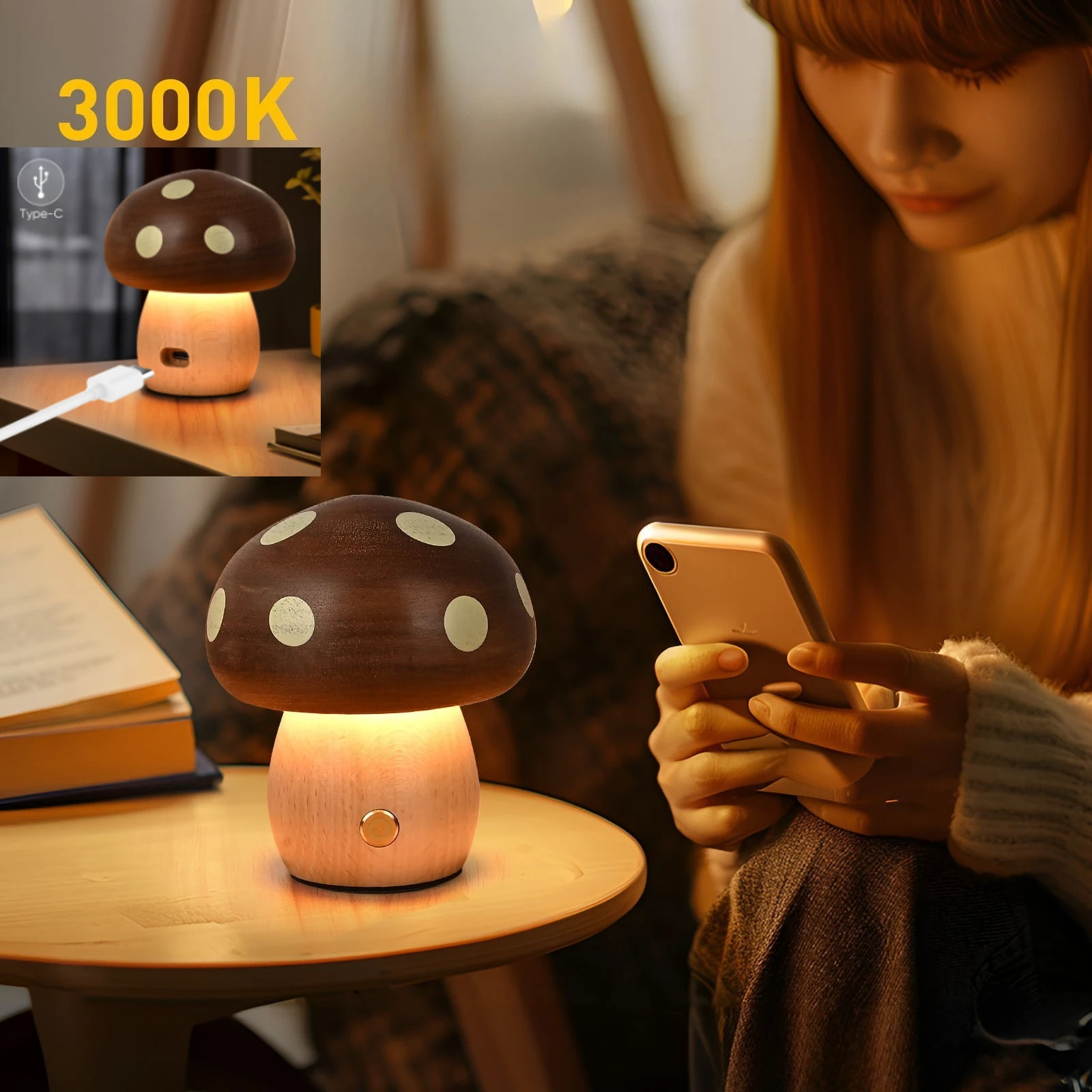 Solid Wood Mushroom Sculpture Ebony/beech LED Atmosphere Home Decoration Crafts Holiday Gifts