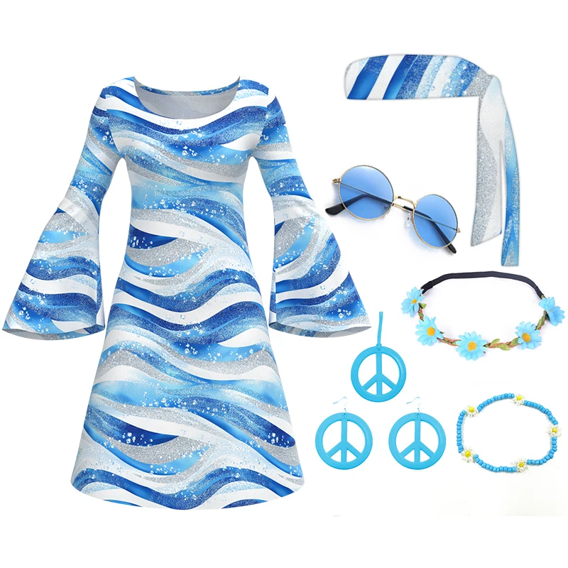 7 قطعة ديسكو الزي الهبي زي المرأة الطباعة ريترو ستايل الملابس فستان علامة السلام اكسسوارات مجوهرات أزياء الهالوين #3