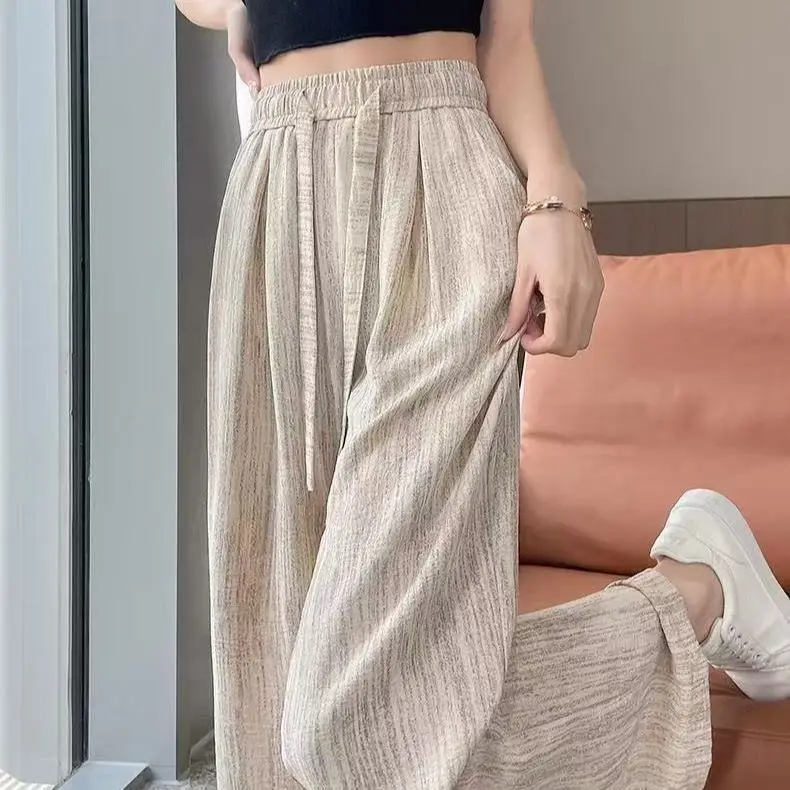 

Широкие брюки из ледяного шелка для женщин, летние, свободные, повседневные, в пол, прямые, трикотажные, с высокой талией, длинные трикотажные брюки