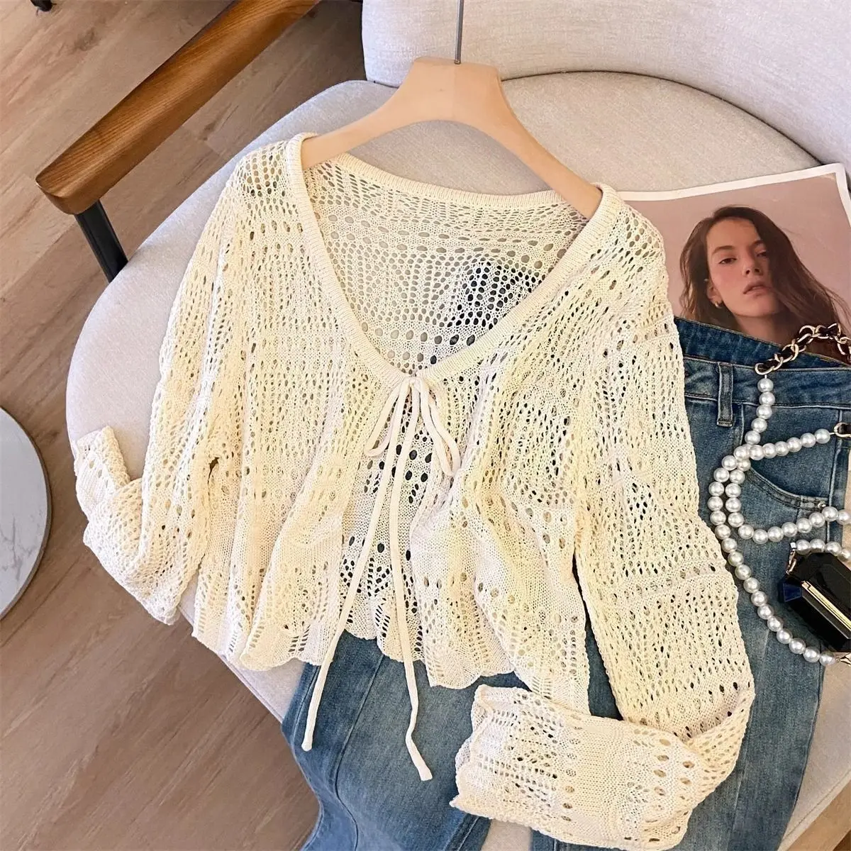 Damen Strick-Cardigan mit langen Ärmeln und UV-Schutz, sexy Hohlstrick-Jacke mit Schnürung, V-Ausschnitt, vielseitiger Schal-Top für den Sommer 2026 – Detail 5