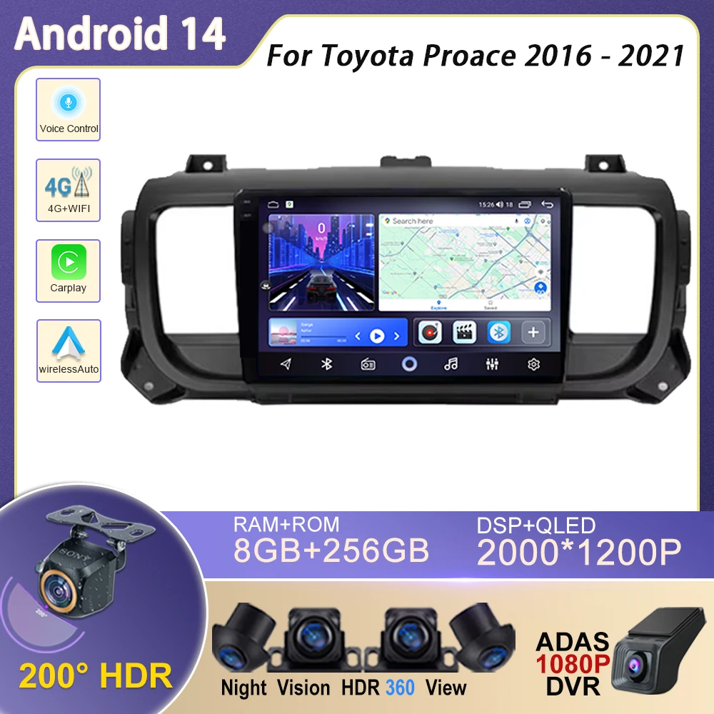 

Android 14 Carplay For Toyota Proace 2016 - 2021 Navigation Car GPS Auto Radio Stereo Multimedia Player 5G WIFI BT screen CPU