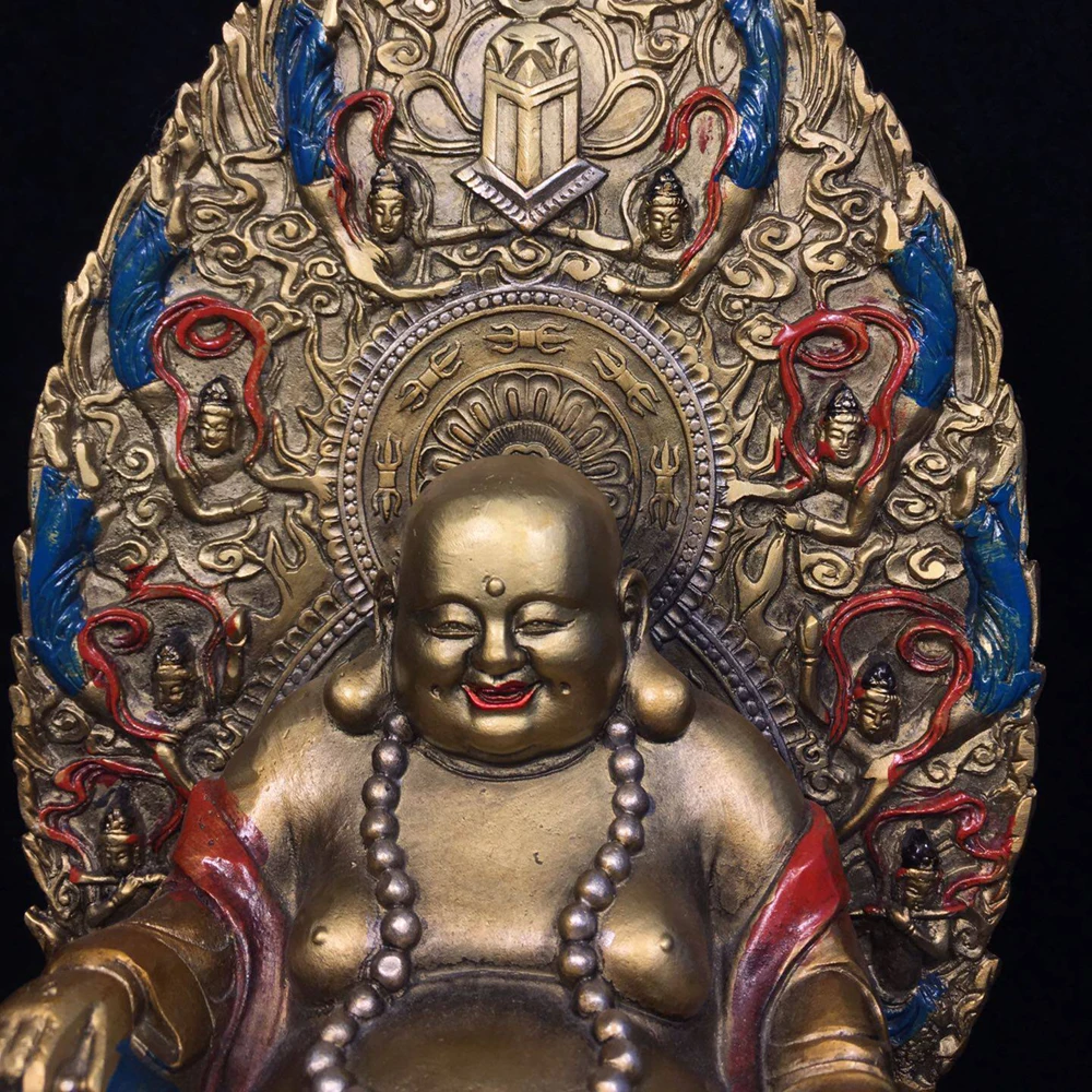 Exquisite Old Bronze Painted Laughing Maitreya Buddha Statue with Halo Serene Face Fine Craftsmanship Home Decor