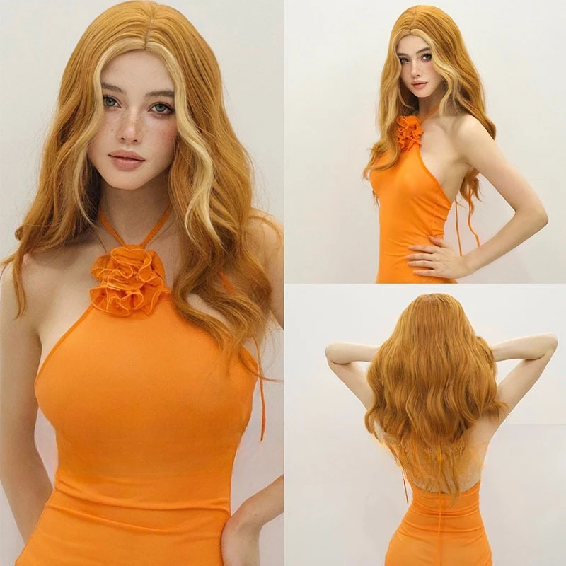 

New product medium division long curly hair fashion orange sunset limited bangs highlights water ripple curly hair wigs