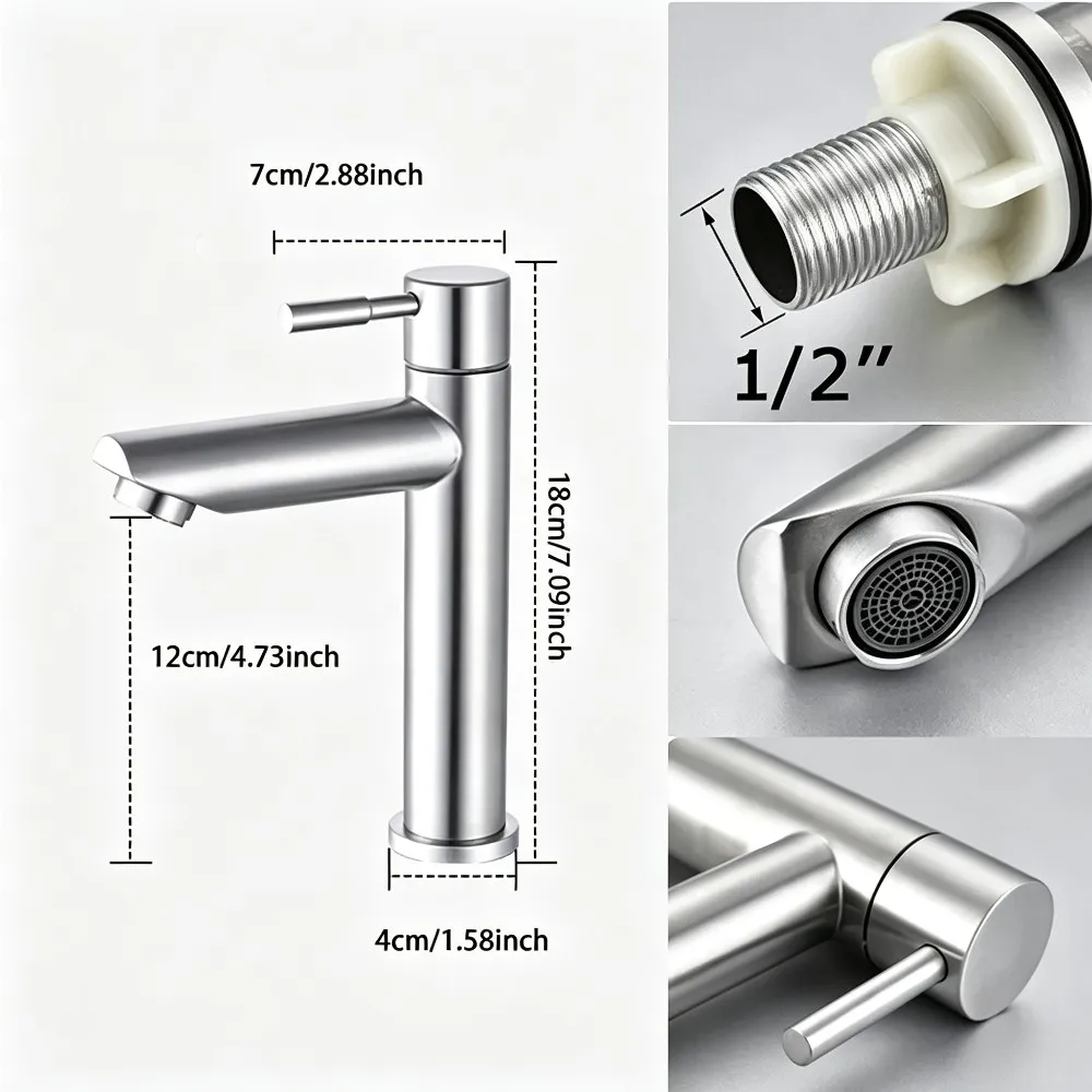 1 PC Stainless Steel Single Cold Water Faucet, Silver High-End Sink Washbasin Tap, Extended Height, Fashionable and Elegant