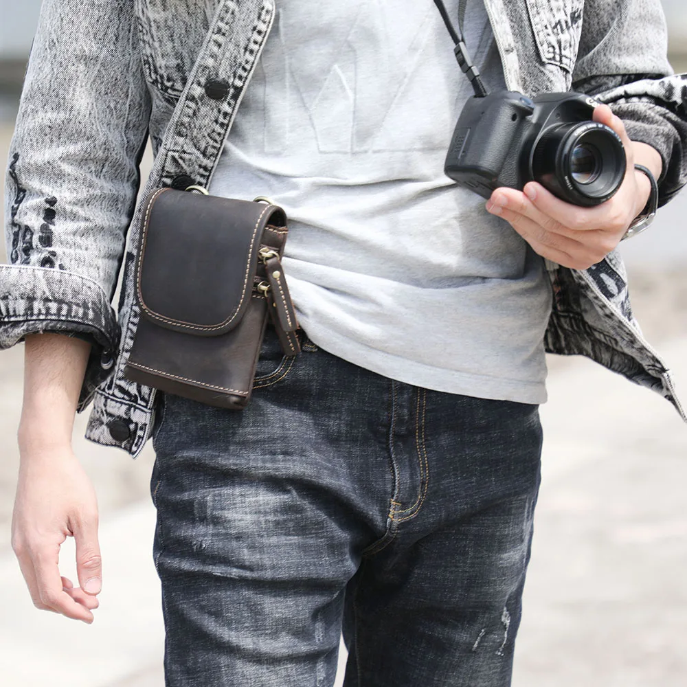Hochwertige Echtleder-Brusttasche für Herren, Vintage Vollnarbenleder-Umhängetasche, Sling Bag, Tagesrucksack, Mini-Handytasche – Detail 6